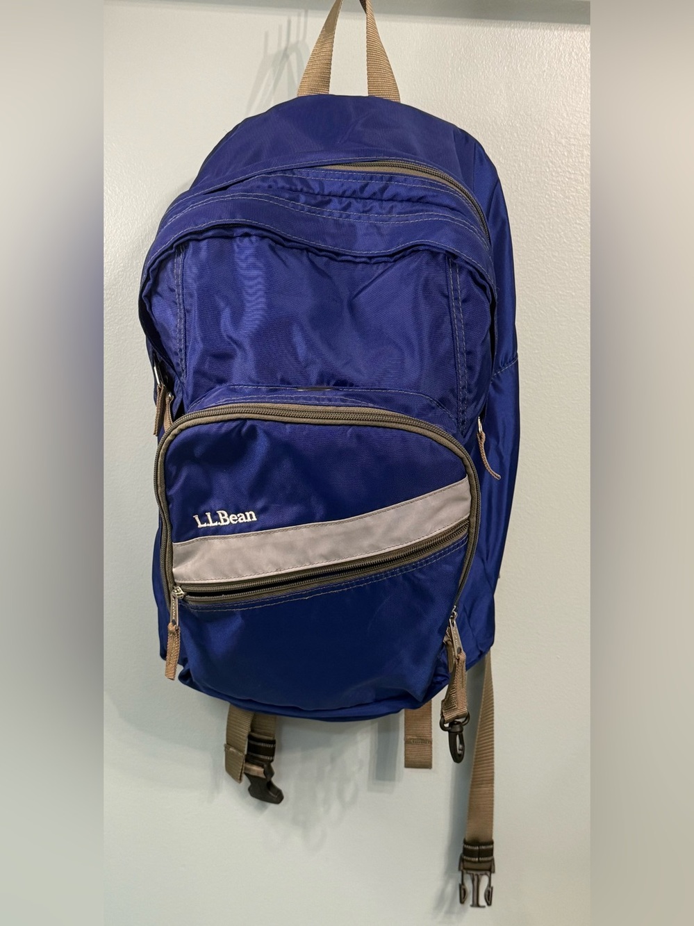 L.L. Bean Blue Deluxe Backpack Tan Accents 3M Scotchlite Reflective Multi Pocket